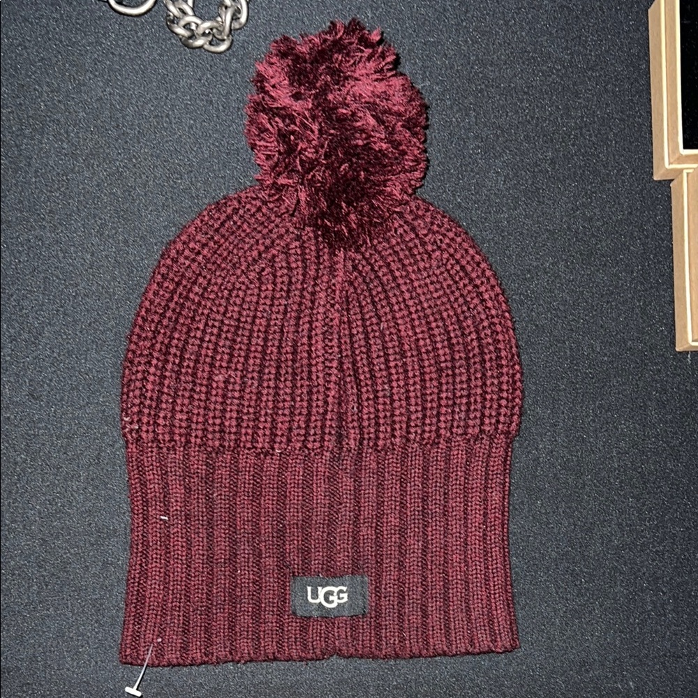 UGG Burgundy Knit Beanie with Pom Pom